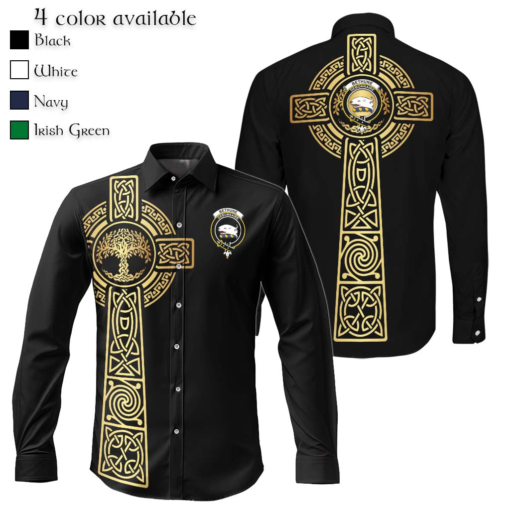 Bethune Clan Mens Long Sleeve Button Up Shirt with Golden Celtic Tree Of Life Men's Shirt Black - Tartanvibesclothing