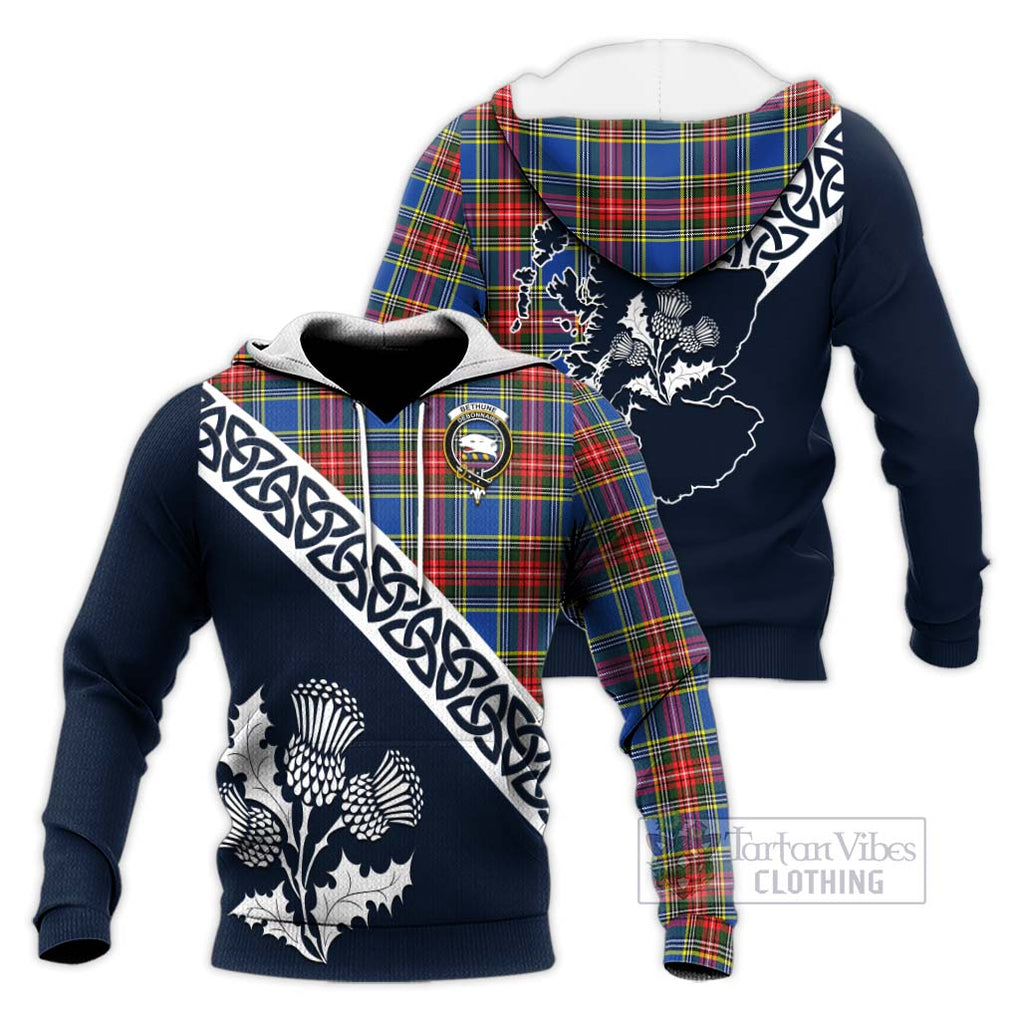 Tartan Vibes Clothing Bethune Tartan Knitted Hoodie Featuring Thistle and Scotland Map