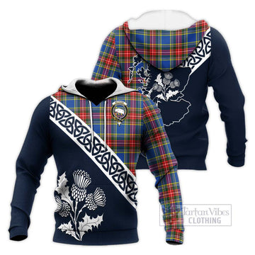 Bethune Tartan Knitted Hoodie Featuring Thistle and Scotland Map