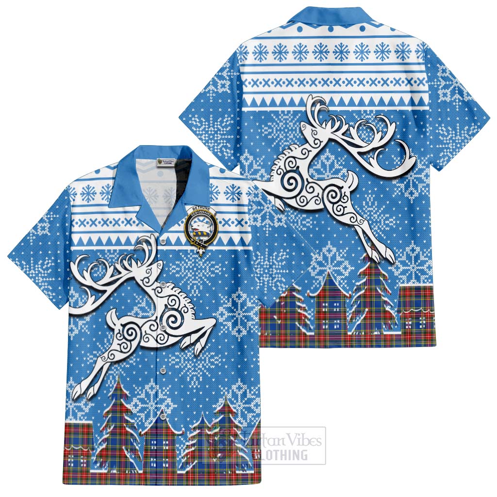 Tartan Vibes Clothing Bethune Clan Christmas Short Sleeve Button Shirt Celtic Reindeer Style