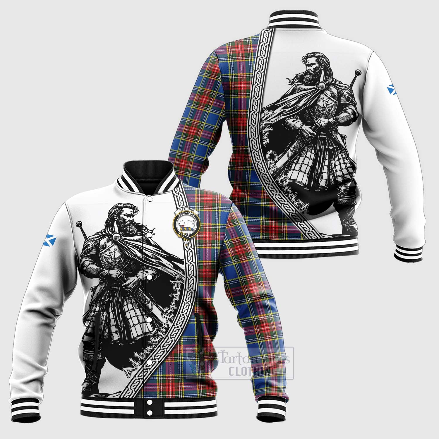 Tartan Vibes Clothing Bethune Tartan Clan Crest Baseball Jacket with Highlander Warrior Celtic Style