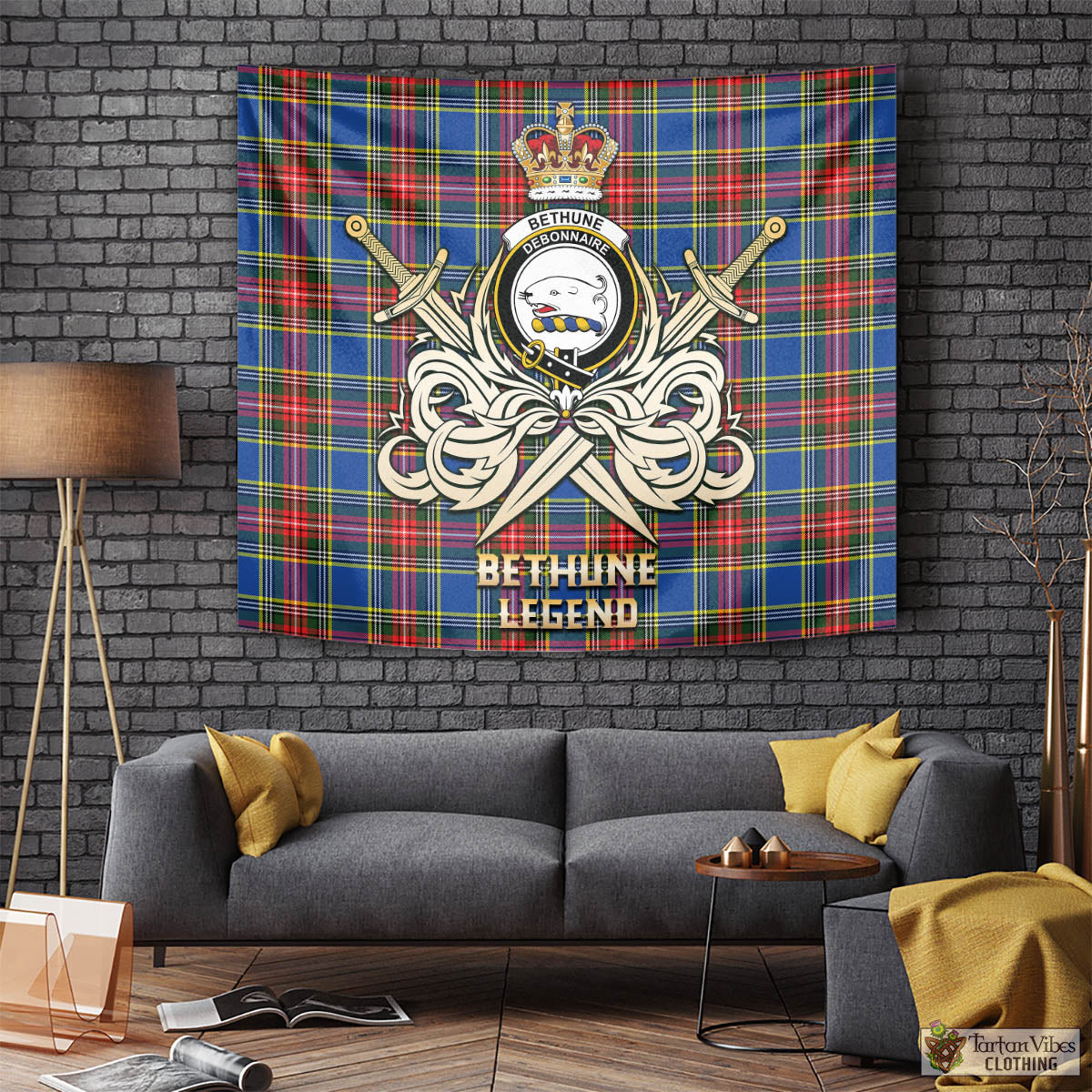 Tartan Vibes Clothing Bethune Tartan Tapestry with Clan Crest and the Golden Sword of Courageous Legacy