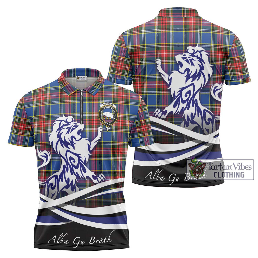 Bethune Tartan Zipper Polo Shirt with Alba Gu Brath Regal Lion Emblem Unisex - Tartanvibesclothing Shop