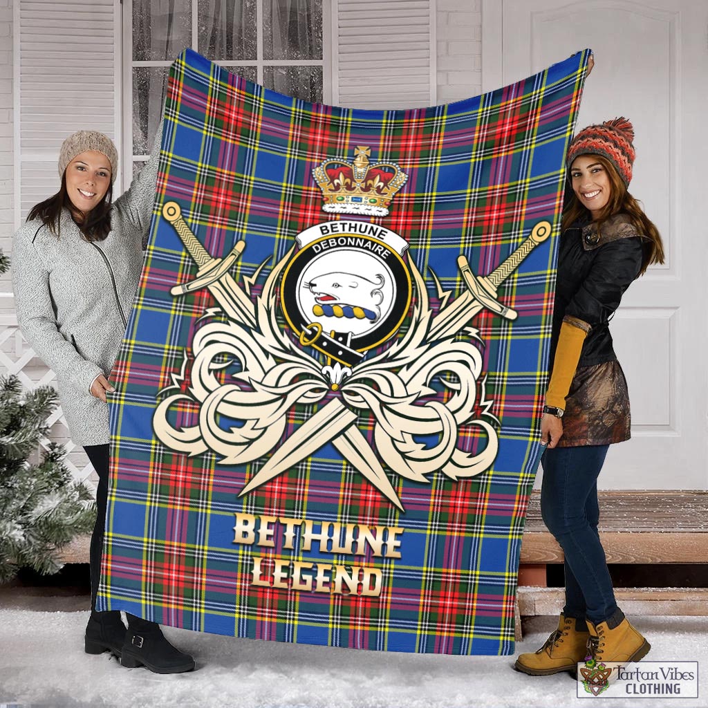 Tartan Vibes Clothing Bethune Tartan Blanket with Clan Crest and the Golden Sword of Courageous Legacy