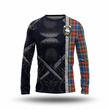 Bethune Tartan Long Sleeve T-Shirt with Family Crest Cross Sword Thistle Celtic Vibes