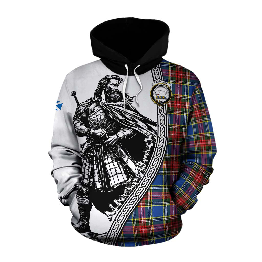 Tartan Vibes Clothing Bethune Tartan Clan Crest Cotton Hoodie with Highlander Warrior Celtic Style