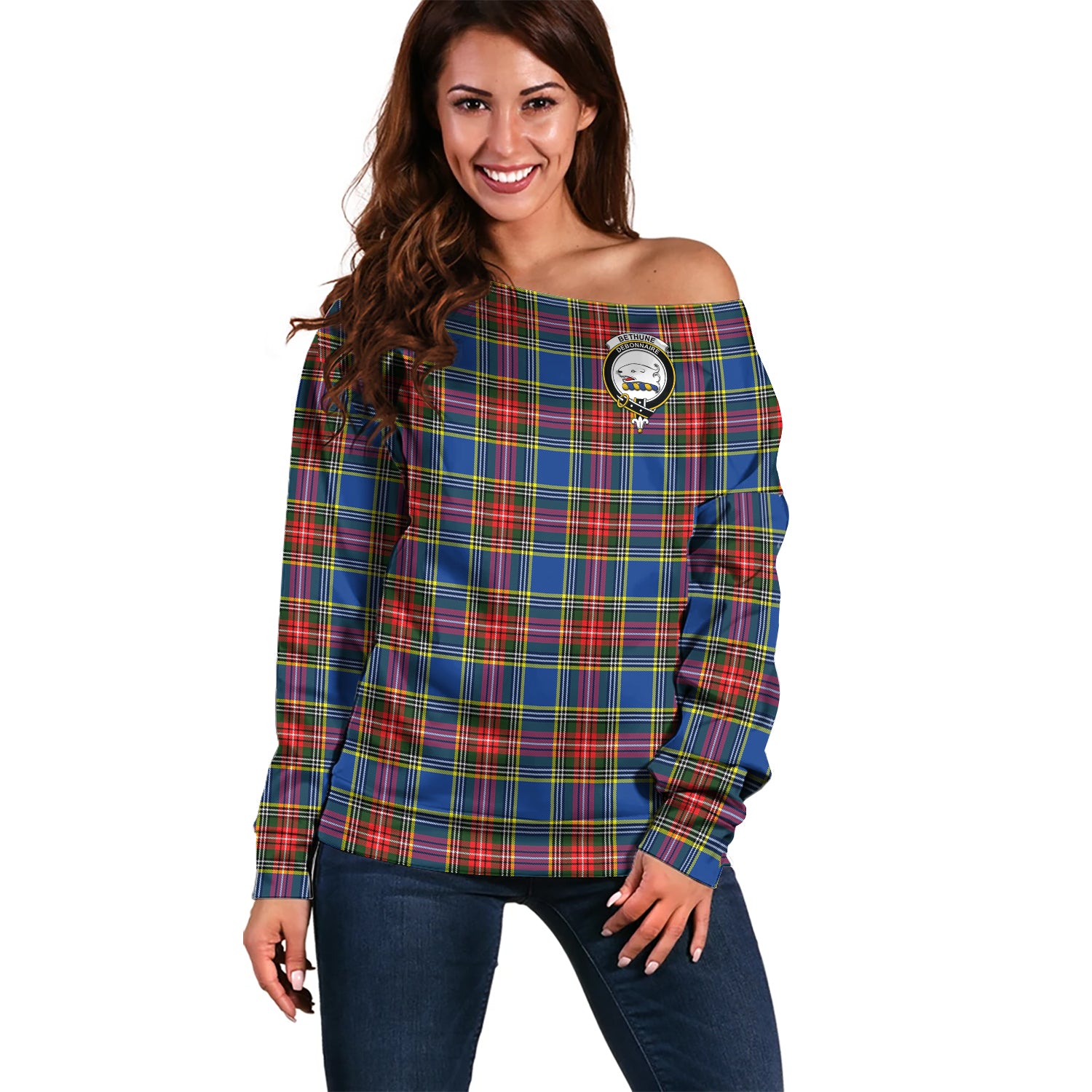 Bethune Tartan Off Shoulder Women Sweater with Family Crest Women - Tartanvibesclothing