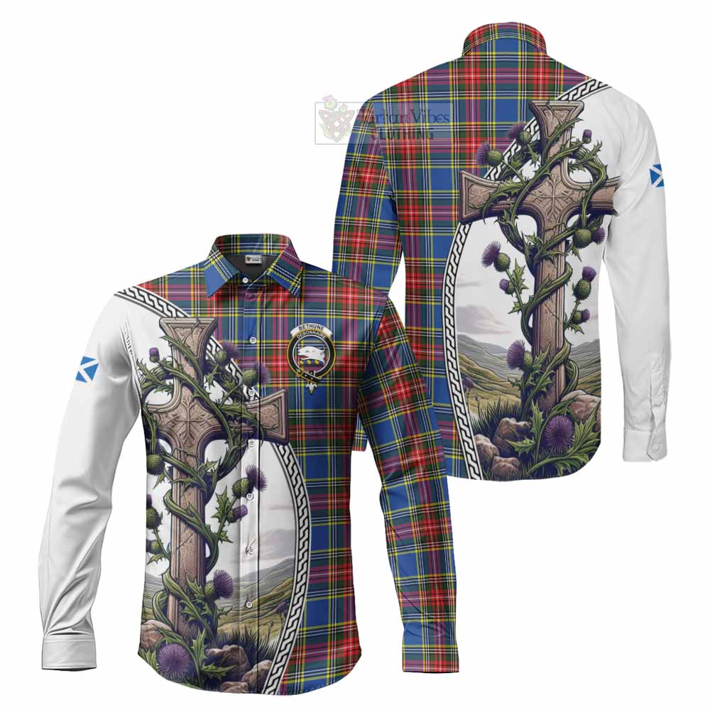 Tartan Vibes Clothing Bethune Tartan Long Sleeve Button Shirt with Family Crest and St. Andrew's Cross Accented by Thistle Vines