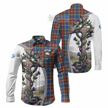 Bethune Tartan Long Sleeve Button Shirt with Family Crest and St. Andrew's Cross Accented by Thistle Vines