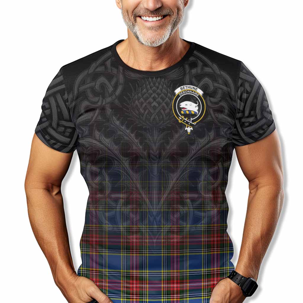 Tartan Vibes Clothing Bethune Tartan T-Shirt with Family Crest Celtic Thistle Vibes