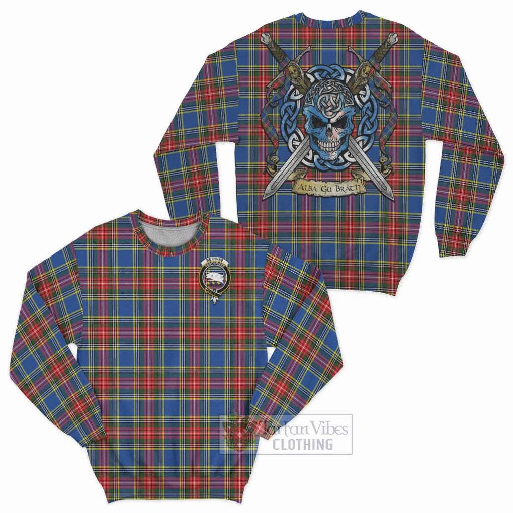 Tartan Vibes Clothing Bethune Tartan Sweatshirt with Family Crest Celtic Skull Style