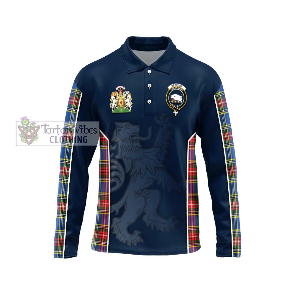 Bethune Tartan Long Sleeve Polo Shirt with Family Crest and Lion Rampant Vibes Sport Style Unisex - Tartan Vibes Clothing