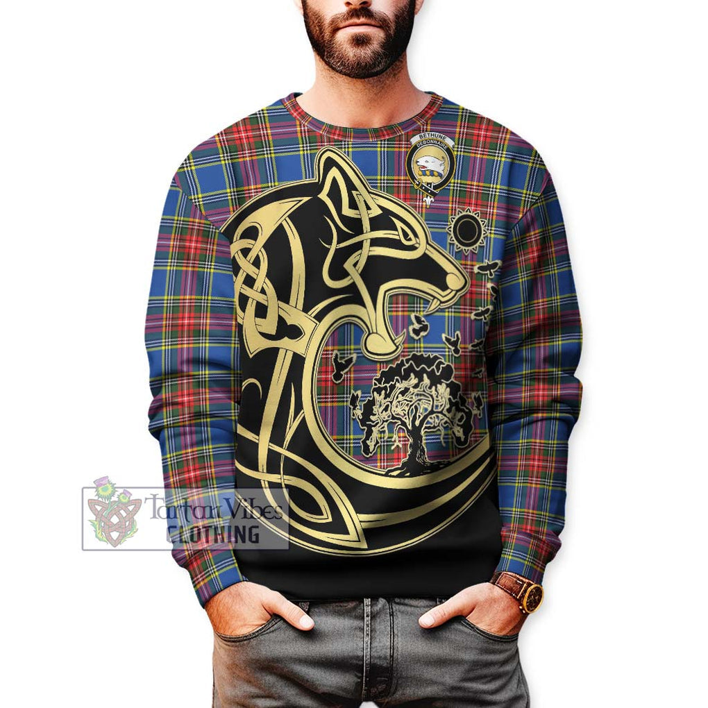 Bethune Tartan Sweatshirt with Family Crest Celtic Wolf Style Unisex - Tartan Vibes Clothing