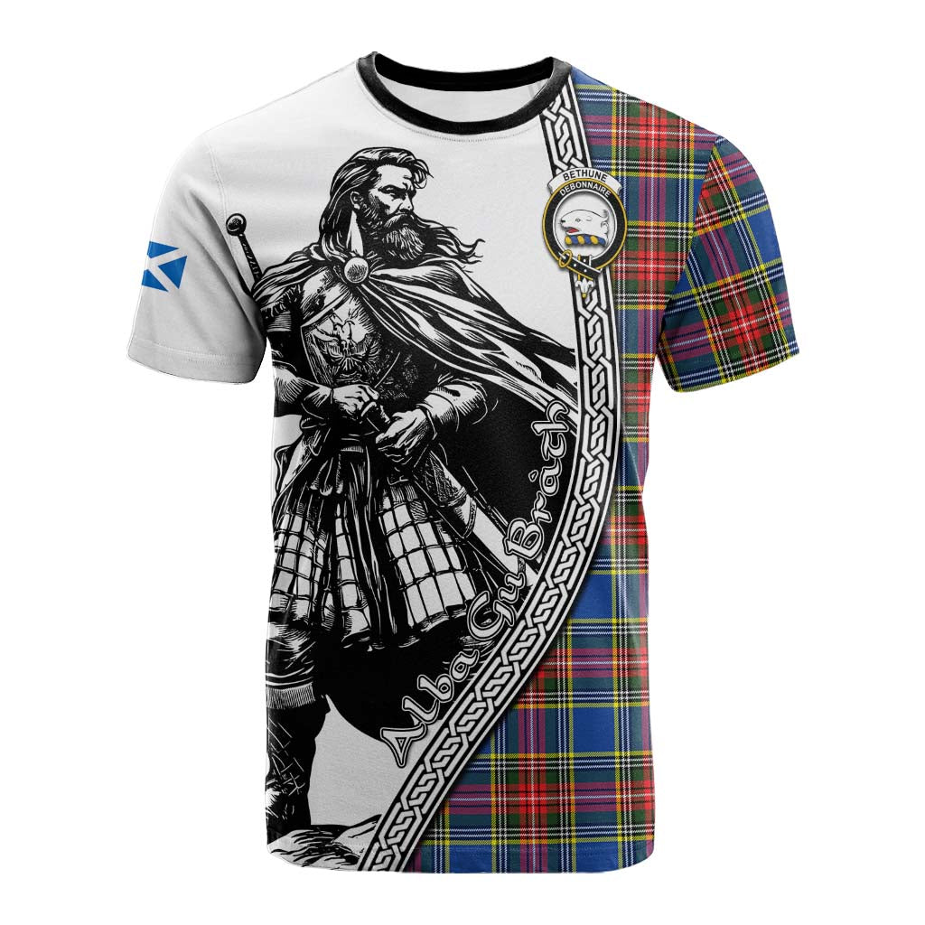 Bethune Tartan Clan Crest Cotton T-shirt with Highlander Warrior Celtic Style