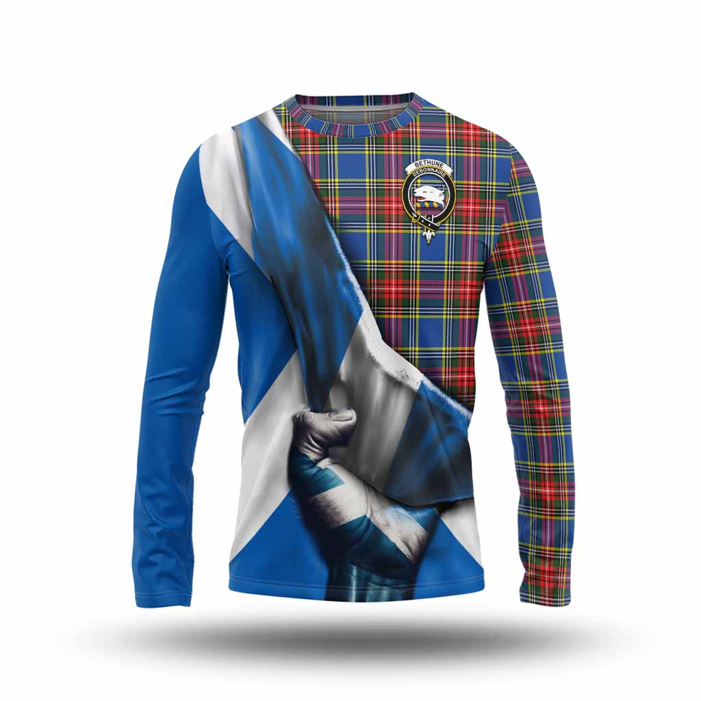 Tartan Vibes Clothing Bethune Tartan Long Sleeve T-Shirt with Family Crest Scotland Patriotic Style