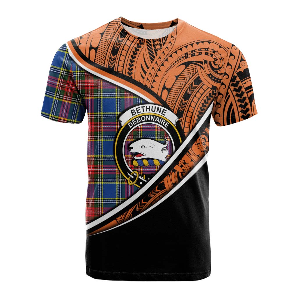 Tartan Vibes Clothing Bethune Crest Tartan Cotton T-shirt with Maori Tattoo Style - Orange Version