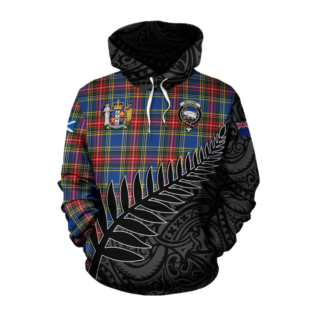 Tartan Vibes Clothing Bethune Crest Tartan Cotton Hoodie with New Zealand Silver Fern Half Style