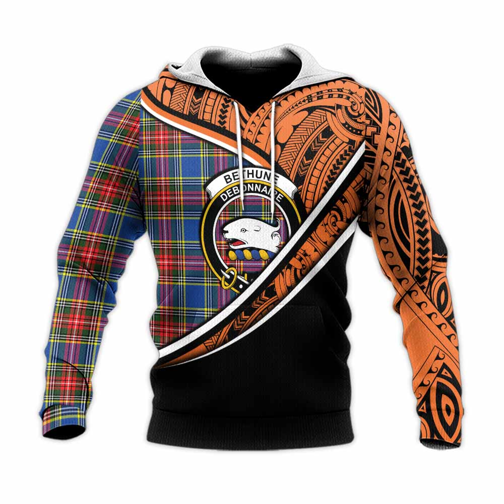 Tartan Vibes Clothing Bethune Crest Tartan Knitted Hoodie with Maori Tattoo Style - Orange Version