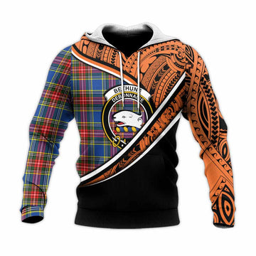 Bethune Crest Tartan Knitted Hoodie with Polynesian Vibes Style - Orange Version