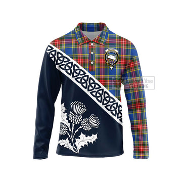 Bethune Tartan Long Sleeve Polo Shirt Featuring Thistle and Scotland Map