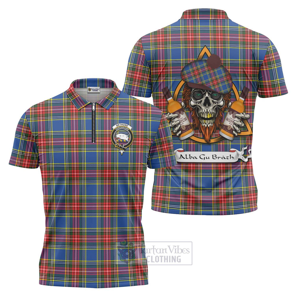 Tartan Vibes Clothing Bethune Tartan Zipper Polo Shirt with Family Crest and Bearded Skull Holding Bottles of Whiskey