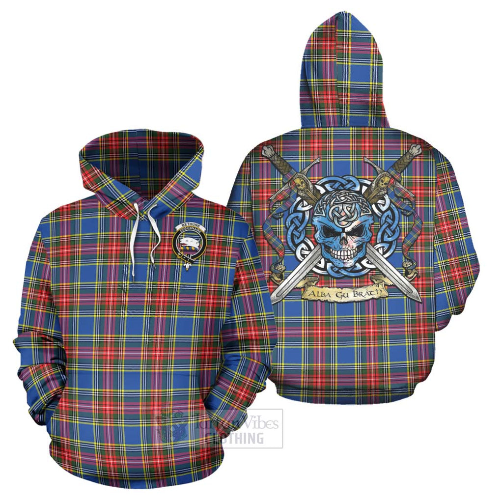 Tartan Vibes Clothing Bethune Tartan Hoodie with Family Crest Celtic Skull Style