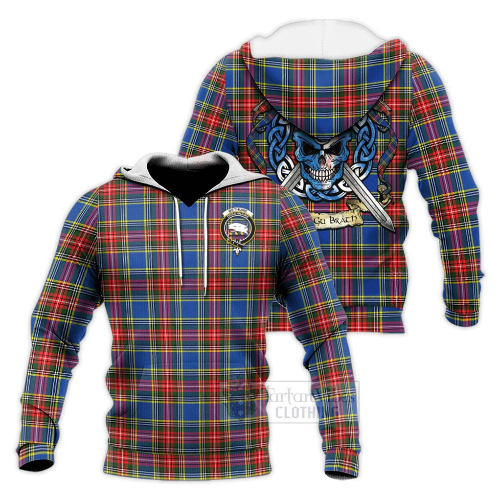 Tartan Vibes Clothing Bethune Tartan Knitted Hoodie with Family Crest Celtic Skull Style