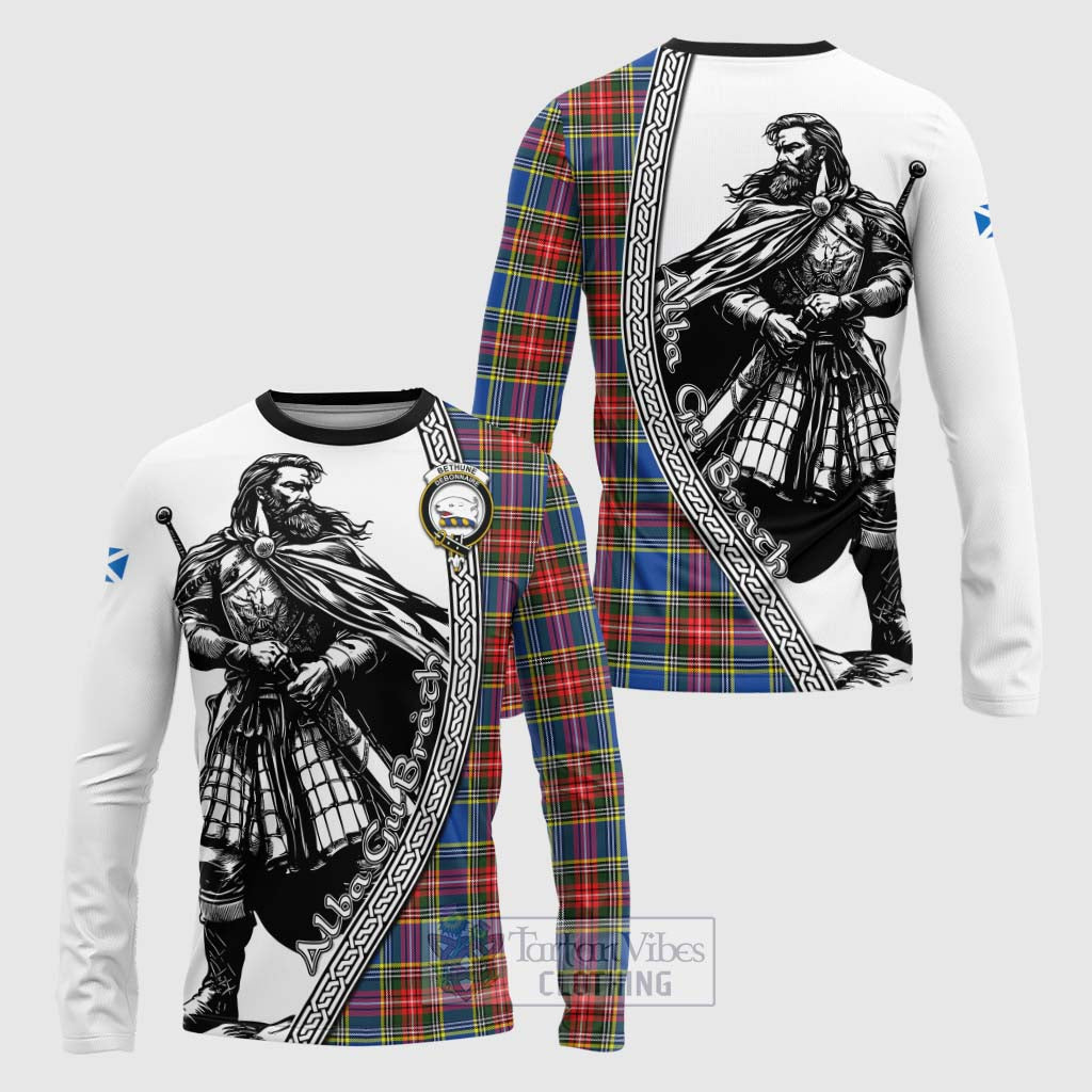 Tartan Vibes Clothing Bethune Tartan Clan Crest Long Sleeve T-Shirt with Highlander Warrior Celtic Style