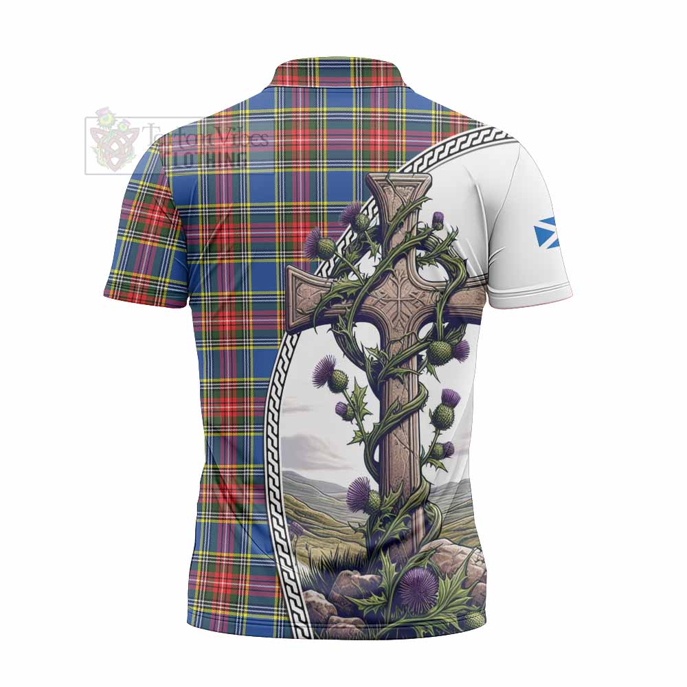 Tartan Vibes Clothing Bethune Tartan Zipper Polo Shirt with Family Crest and St. Andrew's Cross Accented by Thistle Vines