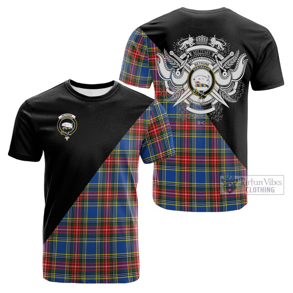 Tartan Vibes Clothing Bethune Tartan Cotton T-shirt with Family Crest and Military Logo Style