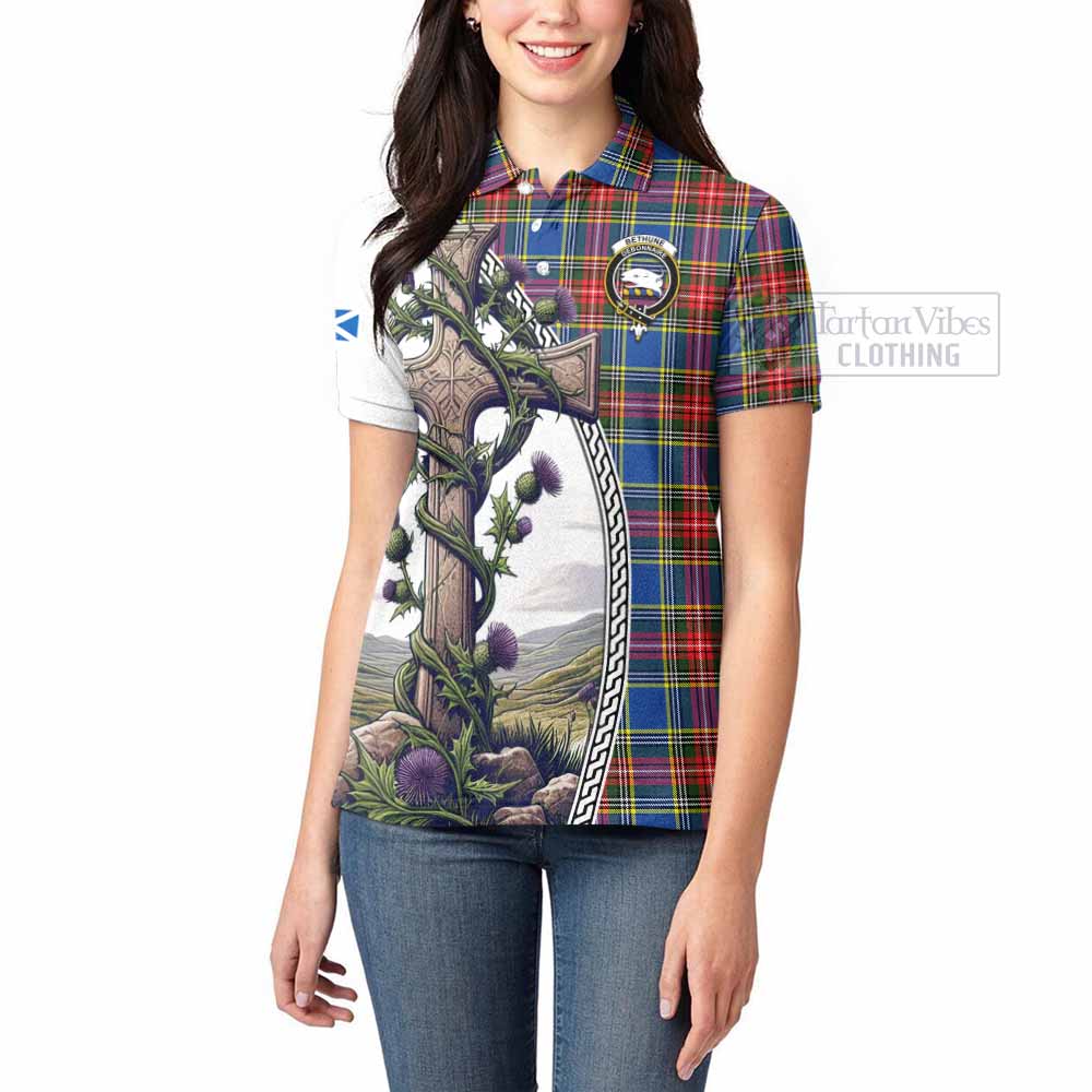 Tartan Vibes Clothing Bethune Tartan Women's Polo Shirt with Family Crest and St. Andrew's Cross Accented by Thistle Vines