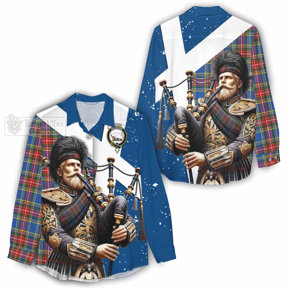 Tartan Vibes Clothing Bethune Tartan Women's Casual Shirt with Family Crest Scottish Bagpiper Vibes