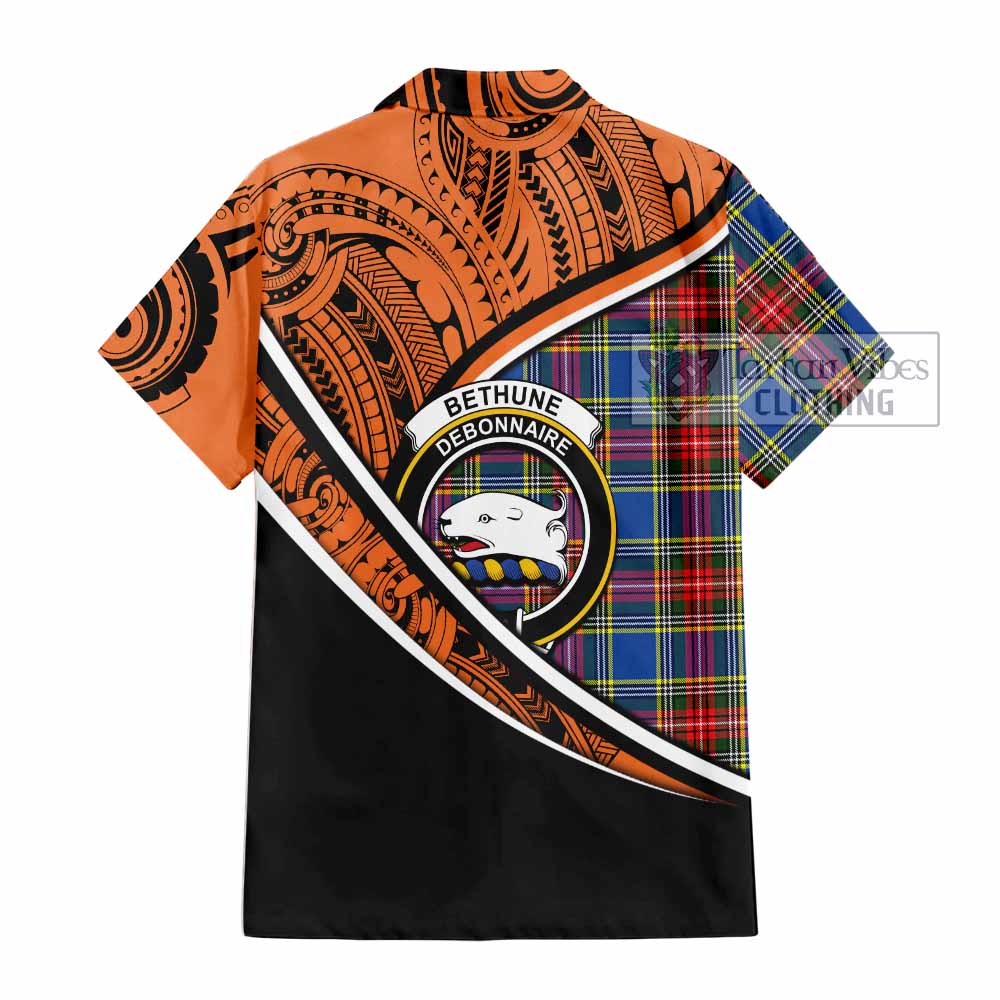 Tartan Vibes Clothing Bethune Crest Tartan Short Sleeve Button Shirt with Maori Tattoo Style - Orange Version