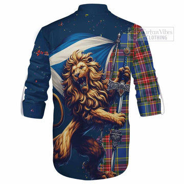 Bethune Tartan Family Crest Ghillie Kilt Shirt with Scottish Majestic Lion