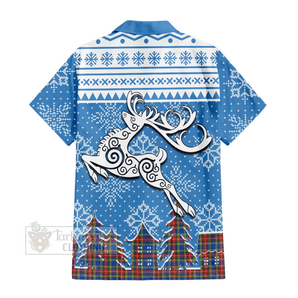 Tartan Vibes Clothing Bethune Clan Christmas Short Sleeve Button Shirt Celtic Reindeer Style