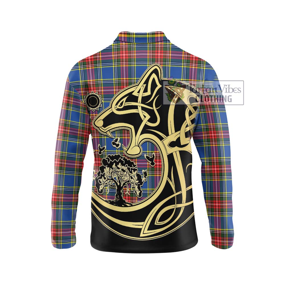 Bethune Tartan Long Sleeve Polo Shirt with Family Crest Celtic Wolf Style - Tartanvibesclothing Shop