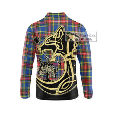 Bethune Tartan Long Sleeve Polo Shirt with Family Crest Celtic Wolf Style