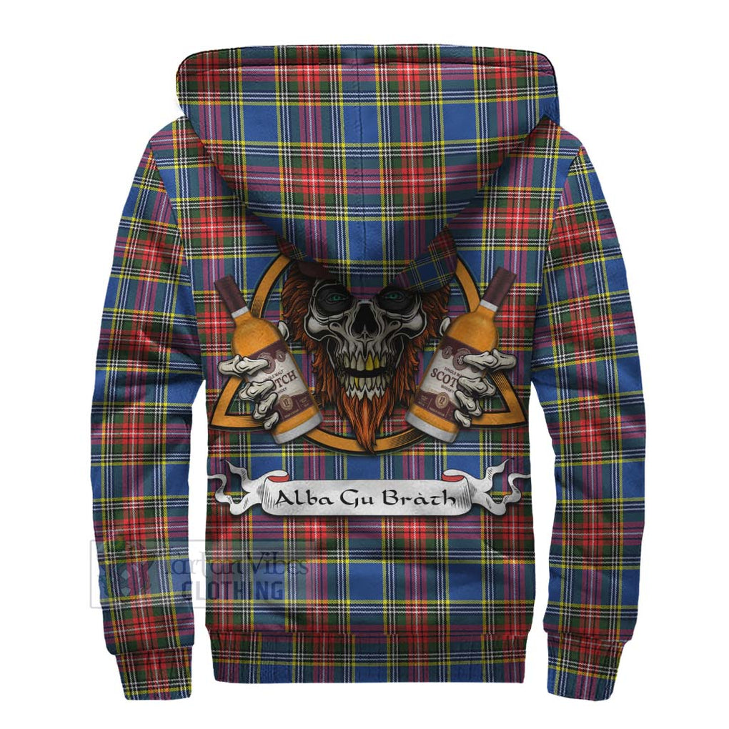 Tartan Vibes Clothing Bethune Tartan Sherpa Hoodie with Family Crest and Bearded Skull Holding Bottles of Whiskey