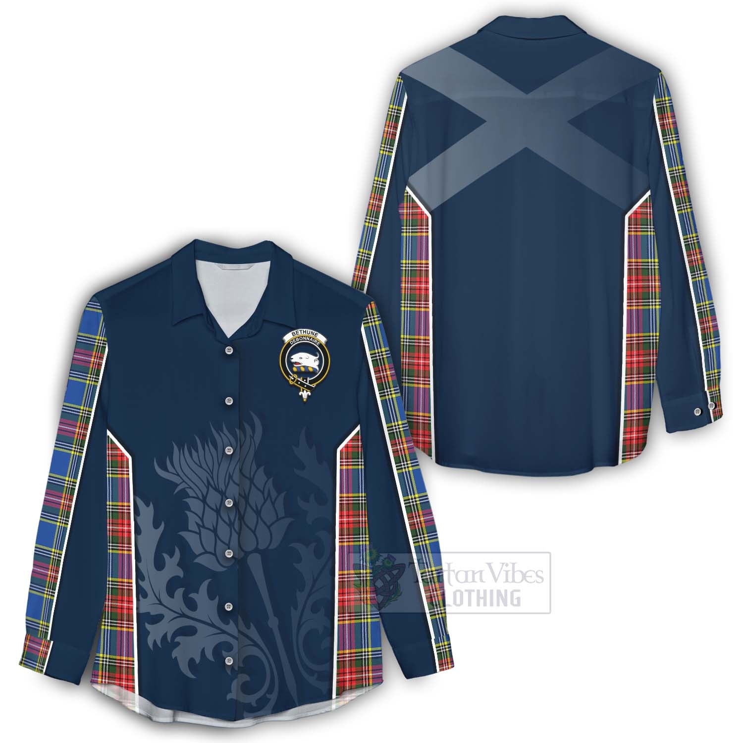 Tartan Vibes Clothing Bethune Tartan Women's Casual Shirt with Family Crest and Scottish Thistle Vibes Sport Style