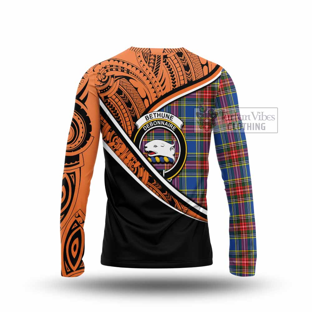 Tartan Vibes Clothing Bethune Crest Tartan Long Sleeve T-Shirt with Maori Tattoo Style - Orange Version