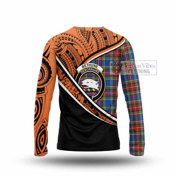 Bethune Crest Tartan Long Sleeve T-Shirt with Polynesian Vibes Style - Orange Version