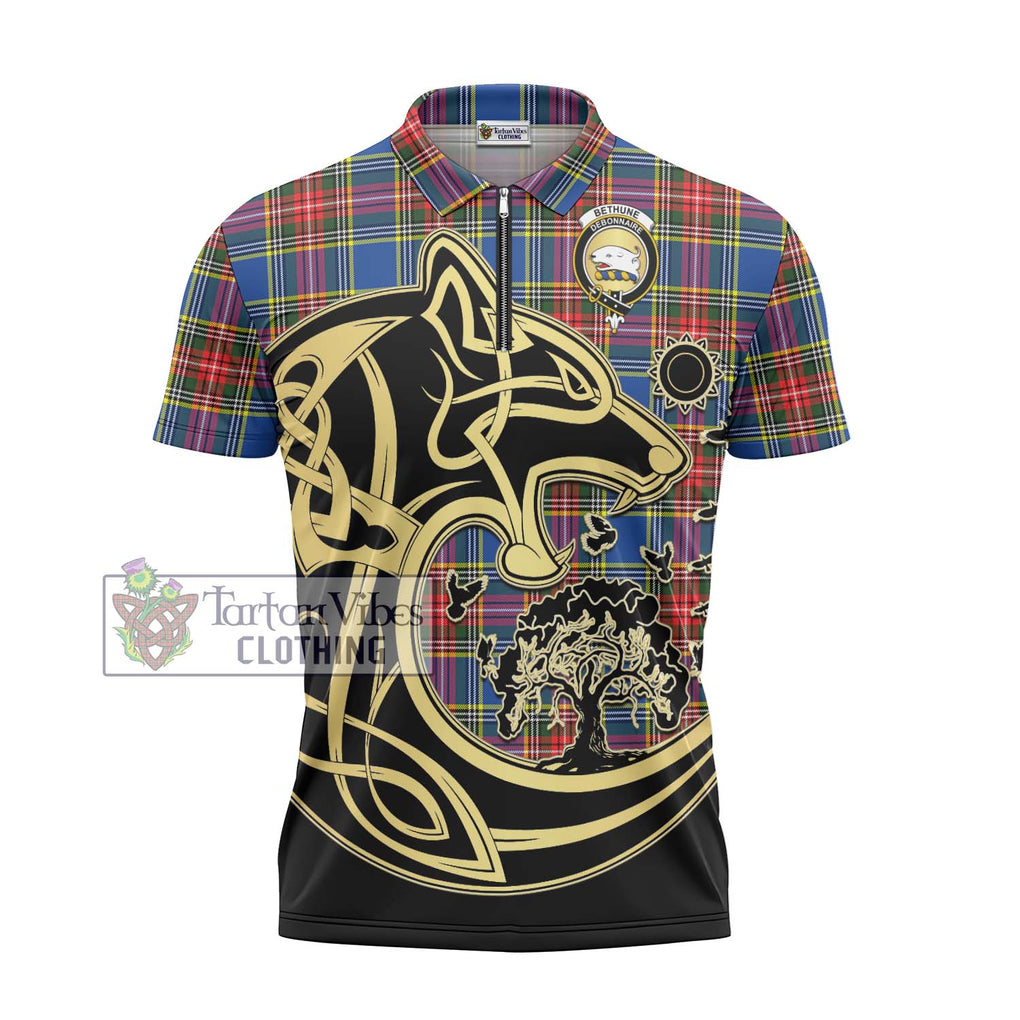 Bethune Tartan Zipper Polo Shirt with Family Crest Celtic Wolf Style - Tartanvibesclothing Shop