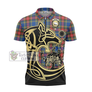 Bethune Tartan Zipper Polo Shirt with Family Crest Celtic Wolf Style