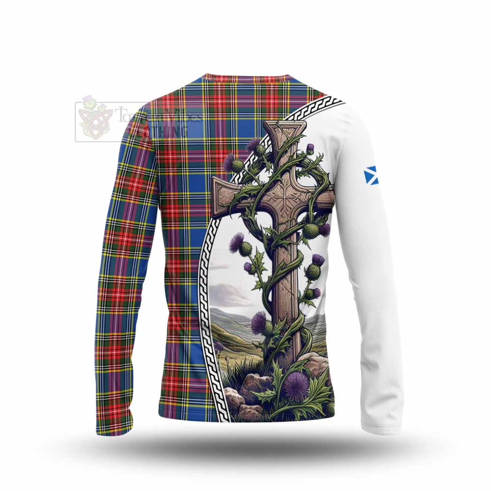 Tartan Vibes Clothing Bethune Tartan Long Sleeve T-Shirt with Family Crest and St. Andrew's Cross Accented by Thistle Vines