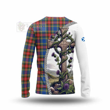 Bethune Tartan Long Sleeve T-Shirt with Family Crest and St. Andrew's Cross Accented by Thistle Vines