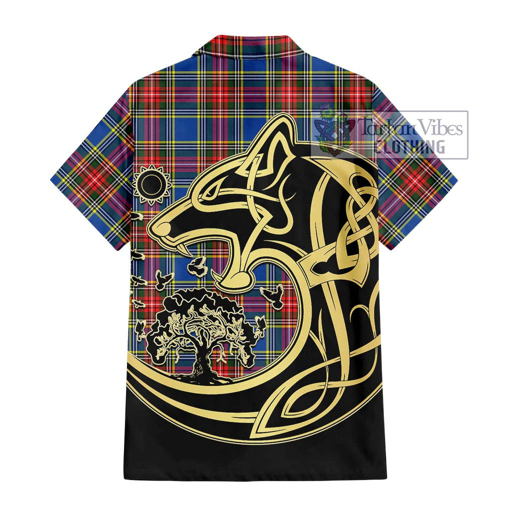 Bethune Tartan Short Sleeve Button Shirt with Family Crest Celtic Wolf Style - Tartan Vibes Clothing