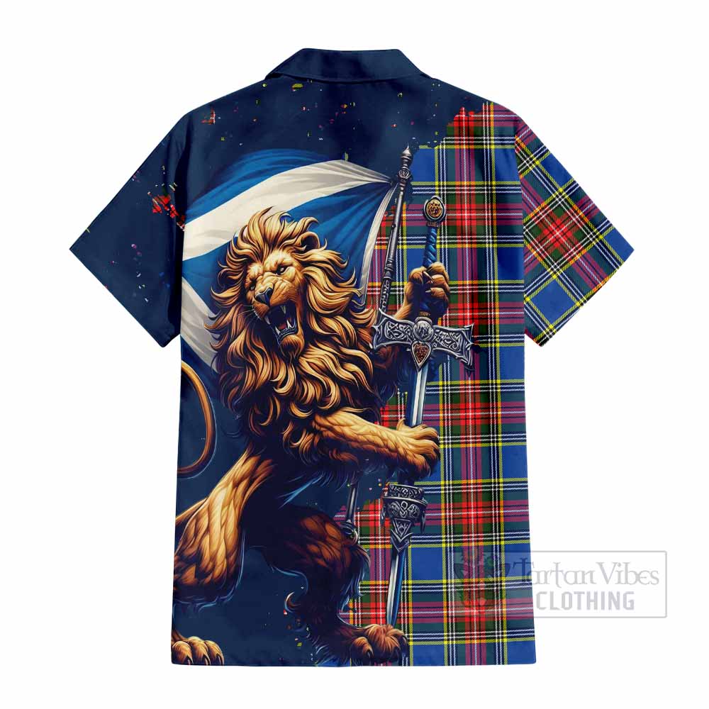 Tartan Vibes Clothing Bethune Tartan Family Crest Short Sleeve Button Shirt with Scottish Majestic Lion