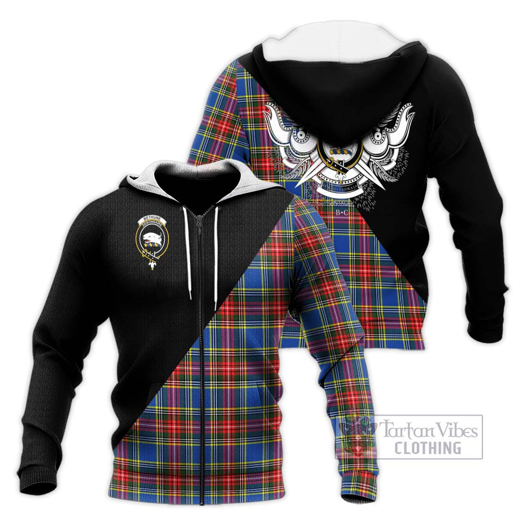 Bethune Tartan Knitted Hoodie with Family Crest and Military Logo Style Unisex Knitted Zip Hoodie - Tartanvibesclothing Shop