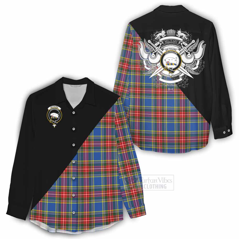 Tartan Vibes Clothing Bethune Tartan Women's Casual Shirt with Family Crest and Military Logo Style