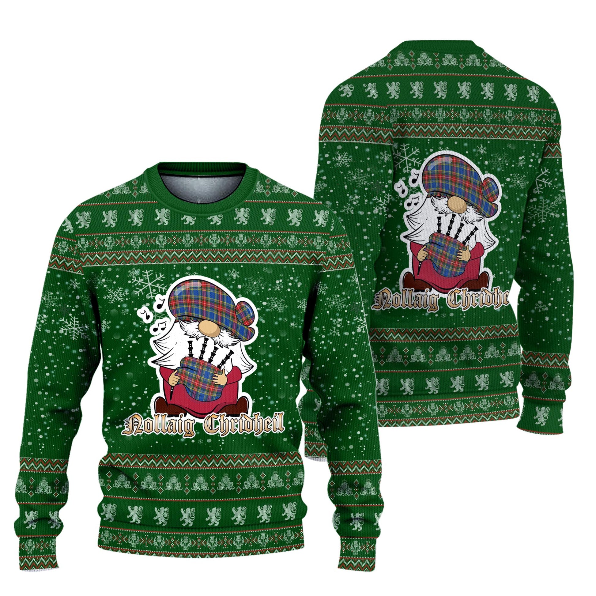 Bethune Clan Christmas Family Knitted Sweater with Funny Gnome Playing Bagpipes Unisex Green - Tartanvibesclothing